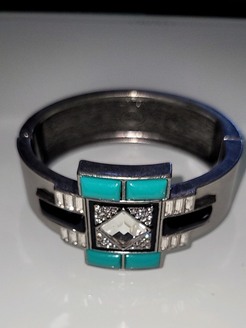 Lia Sophia Geometric Statement Cuff Bracelet Silver Tone Turquoise Black Crystal